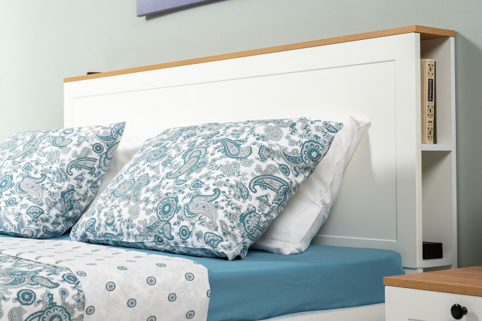 Остин 11.53 Кровать + ортопед + 13.227 Шкаф-пенал + 13.257 Тумба, белый шагрень/дуб крафт золотой