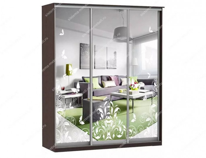 Шкаф купе Модерн 1776х600 3-х дверный 3-х секционный зеркальный с пескоструем №4 венге