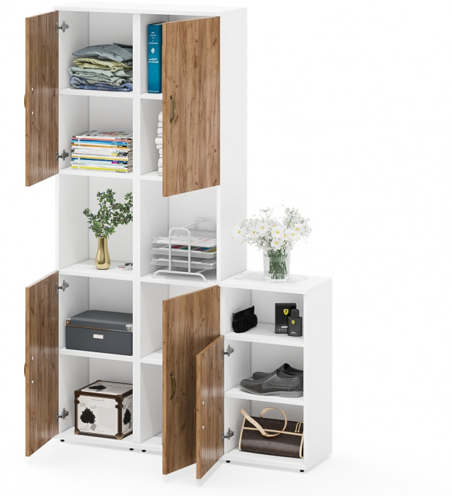 Лидер-8 Пенал + Пенал + Тумба МД 3.19, цвет белый шагрень/крафт золото, ШхГхВ 120х30х190 см., универсальная сборка