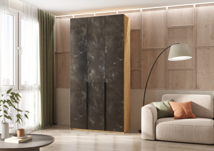 Марвэл Шкаф 3-х створчатый 1200, с доп.ящиками, Дуб крафт/Мальта грей