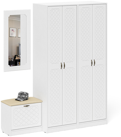 Прихожая П-6 Компоновка № 08, белая шагрень/фасады МДФ белое дерево фрезеровка ромб