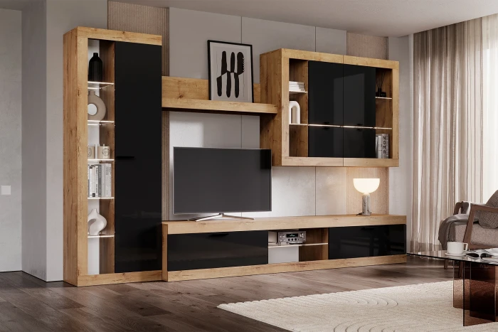 Прага Модульная Гостиная, вариант №2, вотан/Черный глянец