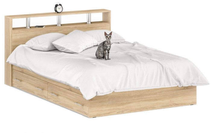 Камелия спальня № 12 Кровать с ящиками 1400 + Две тумбы + Комод + Зеркало, дуб сонома