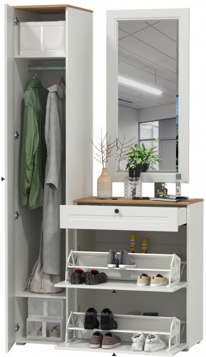 Остин Прихожая 22, цвет белый шагрень/дуб крафт золотой, ШхГхВ 120х54,3х229,6 см., универсальная сборка