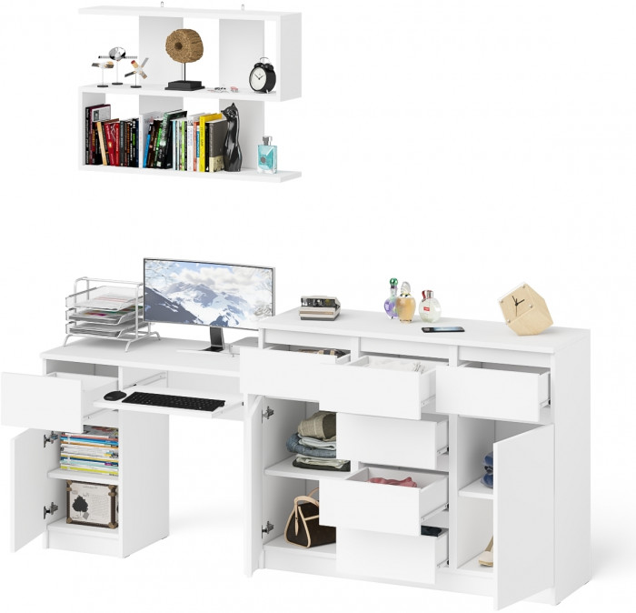 Мори компьютерный стол МС-1 левый + Комод МК1200.4 + Полка 900, белый