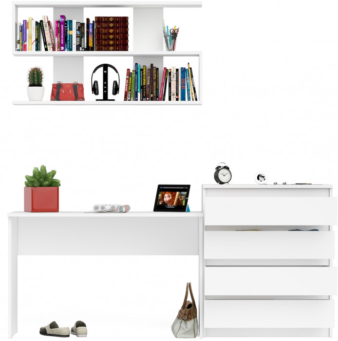 Мори письменный стол МСП1200.1 + Комод МК800.4 + Полка 1200, белый