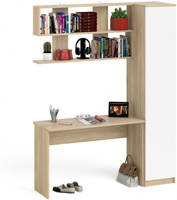 Мори Стол письменный МСП1200.1 + Пенал МШ400.1 + Полка 1200, цвет дуб сонома/белый, ШхГхВ 160,8х50,4х209,6 см., универсальная сборка