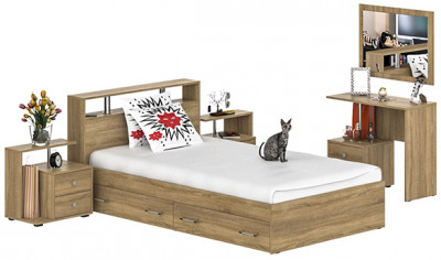 Камелия спальня № 13 Кровать с ящиками 1200 + Две тумбы + Стол косметич. + Зеркало, дуб сонома