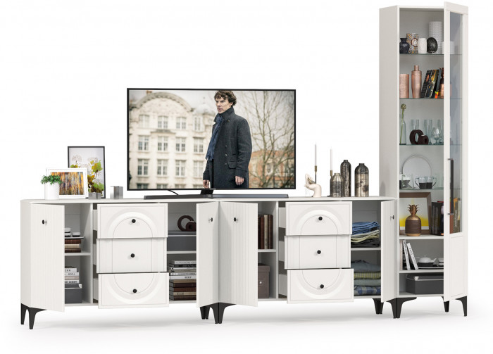 Валенсия Гостиная № 117, цвет ЛДСП белый шагрень/МДФ белый шагрень, ШхГхВ 321,3х38,4х225,2 см., универсальная сборка