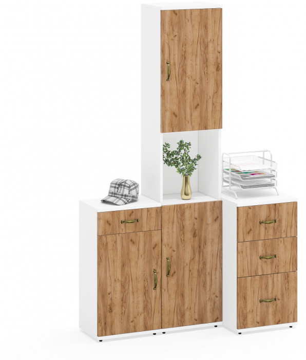 Лидер-8 Пенал + Тумба МД 3.15 + Тумба МД 3.16, цвет белый шагрень/крафт золото, ШхГхВ 120х50х190 см., универсальная сборка