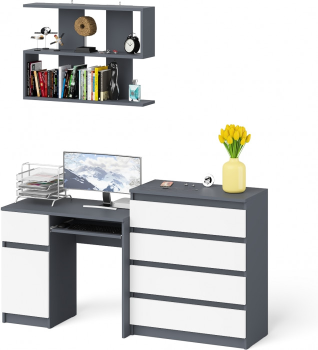 Мори Стол компьютерный МС-1 левый + Комод МК800.4 + Полка 900, цвет графит/белый, ШхГхВ 170,4х50х209,6 см., НЕ универсальная сборка