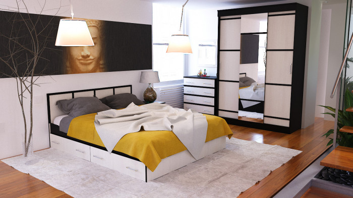 Сакура Кровать с ящиками 1600, цвет венге/дуб лоредо, ШхГхВ 163,5х203,5х80 см., сп.м. 1600х2000 мм., без матраса, основание есть, универсальная сборка