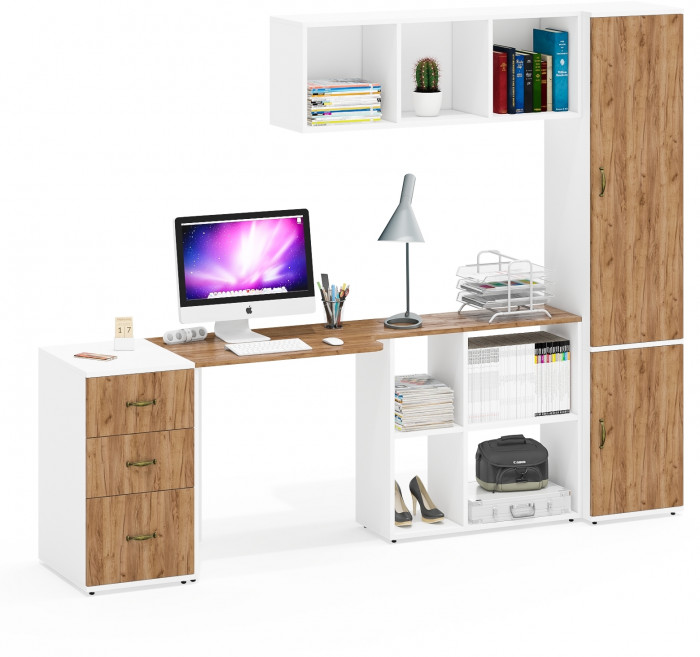 Лидер-8 Стол + Полка + Тумба МД 3.16 + Пенал МД 22Б, белый шагрень/крафт золото