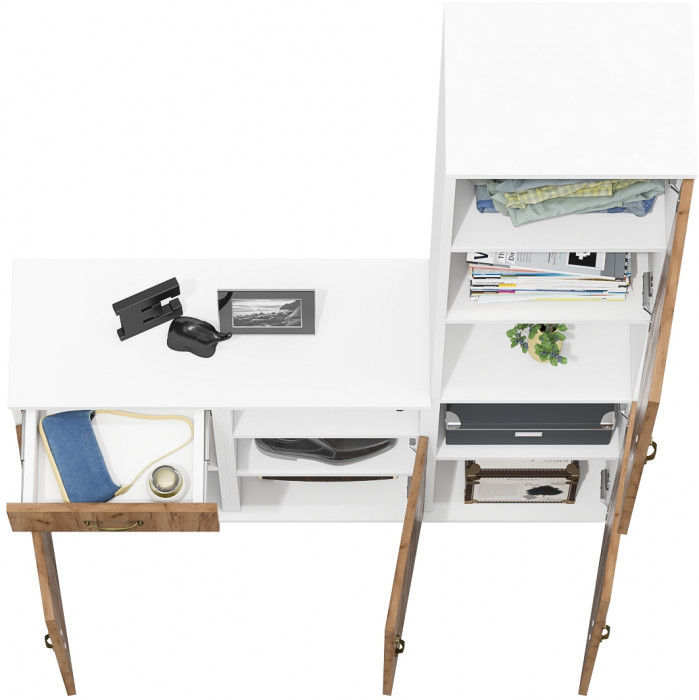 Лидер-8 Пенал + Тумба МД 3.15 + Тумба МД 3.19, цвет белый шагрень/крафт золото, ШхГхВ 120х30х190 см., универсальная сборка