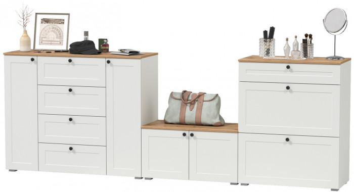 Остин 16.221 Комод + 16.121 Тумба для обуви + 13.257 Тумба, белый шагрень/дуб крафт золотой