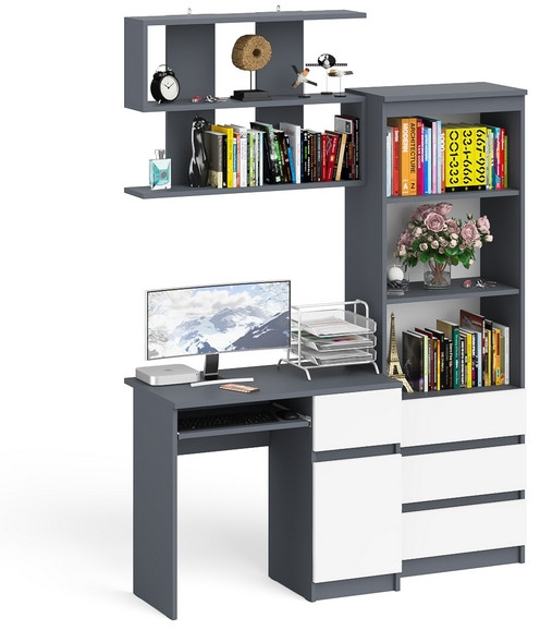 Мори Стол компьютерный МС-6 левый + Комод МК800.1 + Полка 900, цвет графит/белый, ШхГхВ 170,4х50х209,6 см., НЕ универсальная сборка