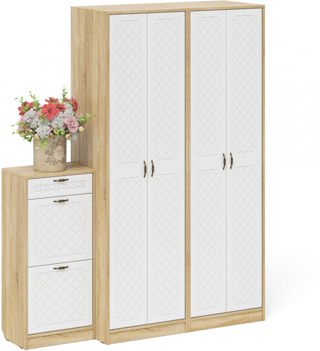 Прихожая П-6 Компоновка № 13, цвет дуб сонома/фасады МДФ белое дерево фрезеровка ромб, ШхГхВ 170х50х210 см., универсальная сборка