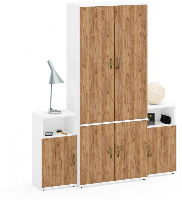 Лидер-8 Шкаф МД 20Б + Тумба МД 3.19 + Тумба МД 3.19, белый шагрень/крафт золото