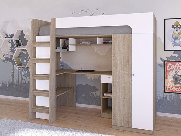 Кровать чердак Астра 10 Сонома/Белый