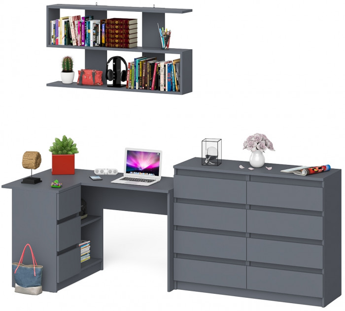 Мори компьютерный стол МС-16 левый + Комод МК1200.8 + Полка 1200, графит
