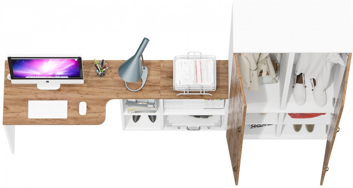 Лидер-8 Стол + Пенал МД 21Б + Пенал МД 21Б, цвет белый шагрень/крафт золото, ШхГхВ 245х50/37,5х75/190 или 115х160/50х75/190 см., НЕ ун. сборка