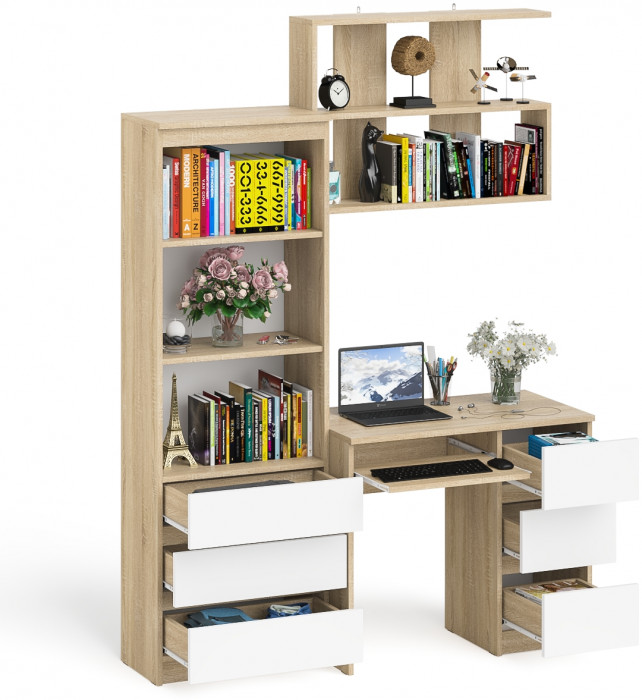 Мори Стол компьютерный МС-6 правый + Стеллаж МСТ600.3 + Полка 900, цвет дуб сонома/белый, ШхГхВ 150,4х50х209,6 см., НЕ универс. сборка