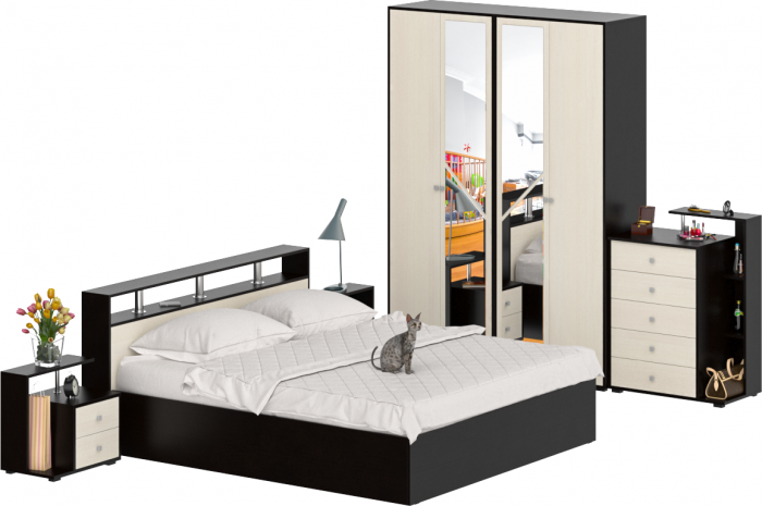 Камелия спальня № 4 Кровать 1800 + Две тумбы + Комод + Шкаф 4-х створчатый, венге/дуб лоредо