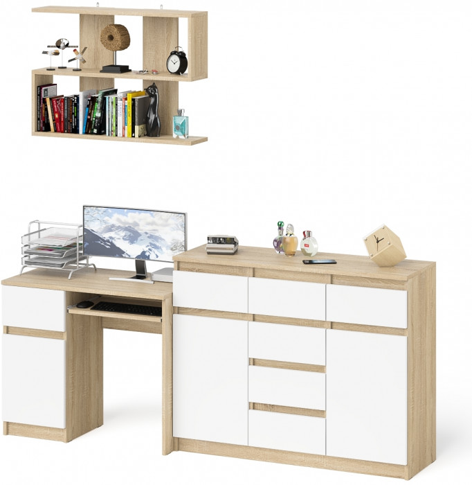 Мори компьютерный стол МС-1 левый + Комод МК1200.4 + Полка 900, дуб сонома/белый