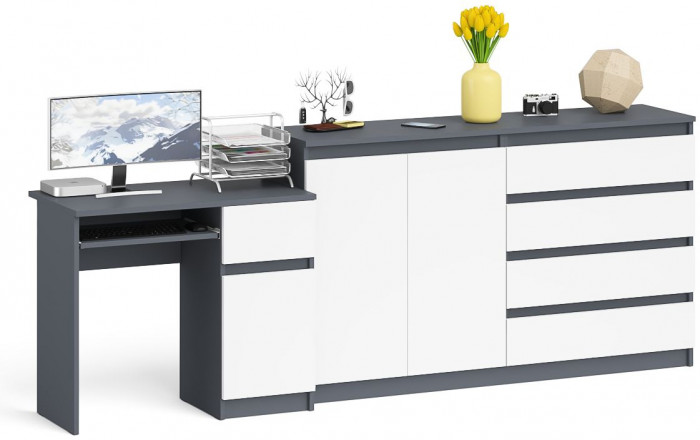Мори компьютерный стол МС-1 правый + Комод МК1600.1, графит/белый