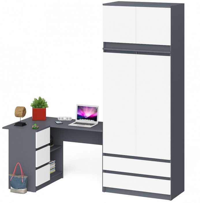 Мори компьютерный стол МС-16 левый + Шкаф МШ900.1 + Антресоль МА900.1, графит/белый