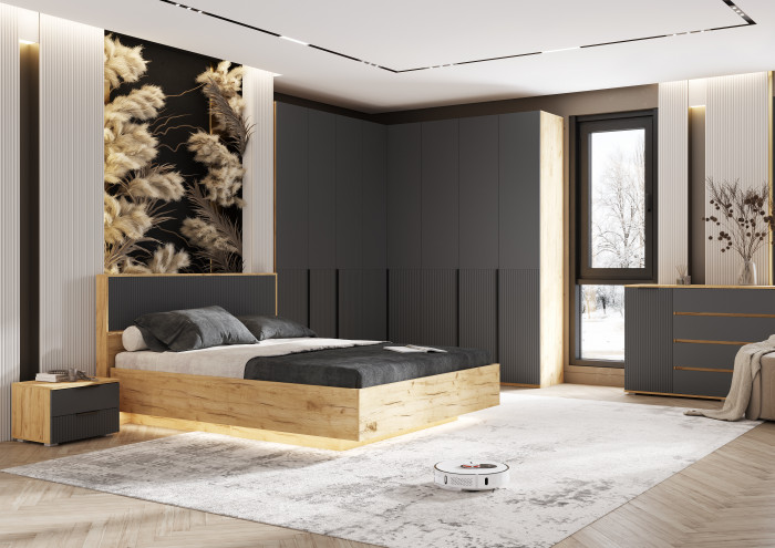 Кровать парящая с ортопед. основанием Марвэл 1,6м с подсветкой, Дуб крафт/Браш графит