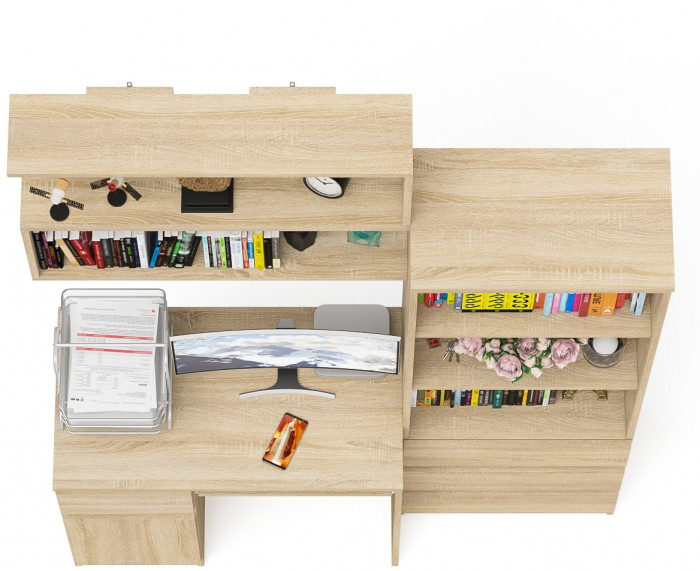 Мори Стол компьютерный МС-1 левый + Стеллаж МСТ600.3 + Полка 900, цвет дуб сонома, ШхГхВ 150,4х50х209,6 см., НЕ универсальная сборка