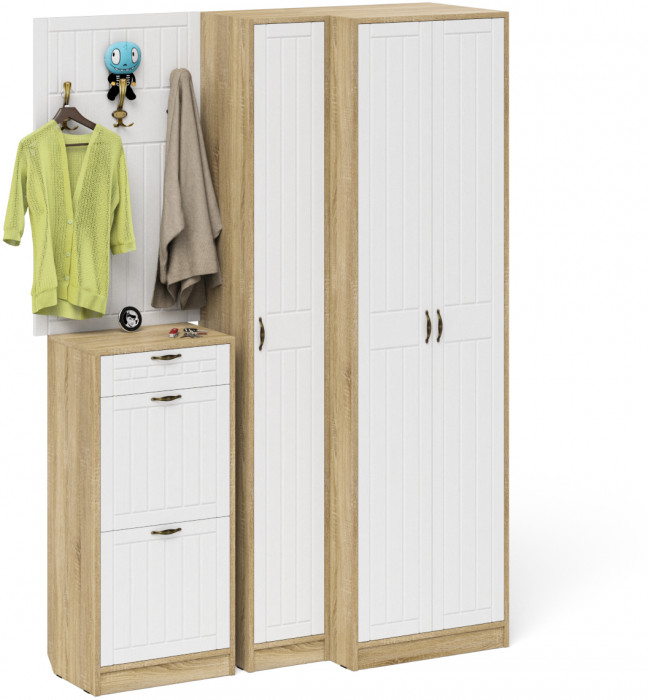 Прихожая П-6 Компоновка № 30, дуб сонома/фасады МДФ белое дерево фрезеровка прованс