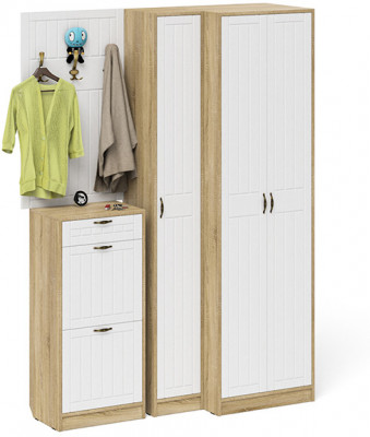 Прихожая П-6 Компоновка № 30, цвет дуб сонома/фасады МДФ белое дерево фрезеровка прованс, ШхГхВ 150х50х210 см., универсальная сборка