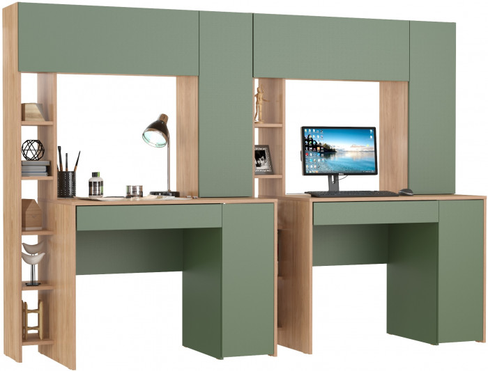 Стол комп. Комфорт 12.71+компьютерный стол Комфорт 12.71, гикори рокфорд натуральный/дымчатый зелёный