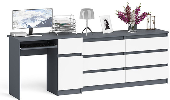 Мори компьютерный стол МС-1 правый + Комод МК1380.6, графит/белый