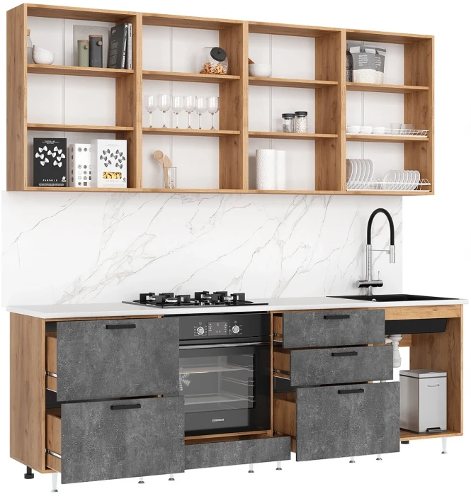 ЛДСП Кухня Рио NEW 2,4м (490) Компановка №2, Дуб Крафт/Бетон темный, Дуб крафт (Антарес)