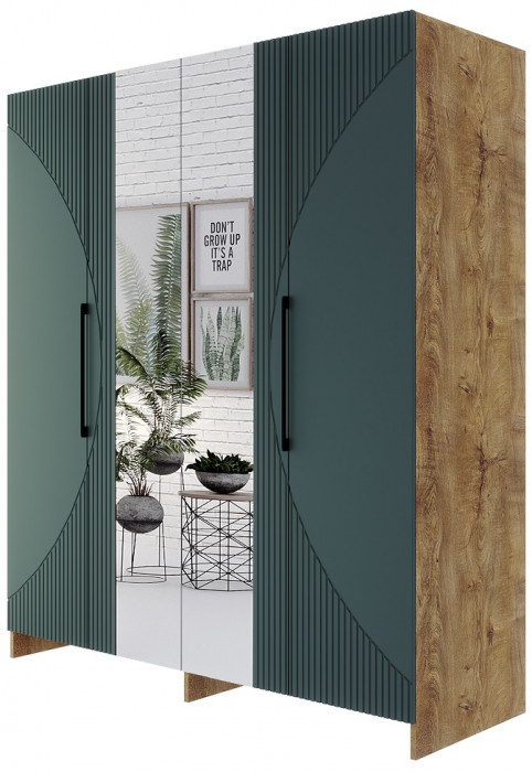 Шкаф 4-х дверный "Монтале" - Дуб канзас/Зеленый матовый