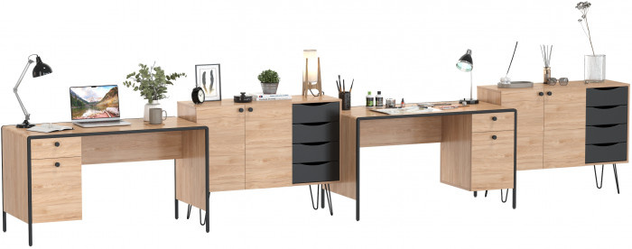 Брюс два Стола 12.157 + два Комода 16.233, цвет чёрный/Battle rock Santiago/столешница МДФ ель карпатская, 486,8х62,6(38,3)х75(85,6) см., ун. сб.