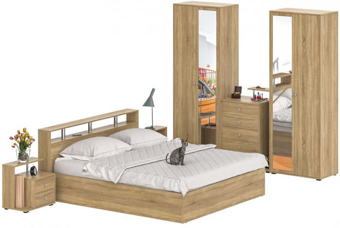 Камелия спальня № 4 Кровать 1800 + Две тумбы + Комод + Шкаф 4-х створчатый, цвет дуб сонома, сп.м. 1800х2000 мм., б/м, основание есть