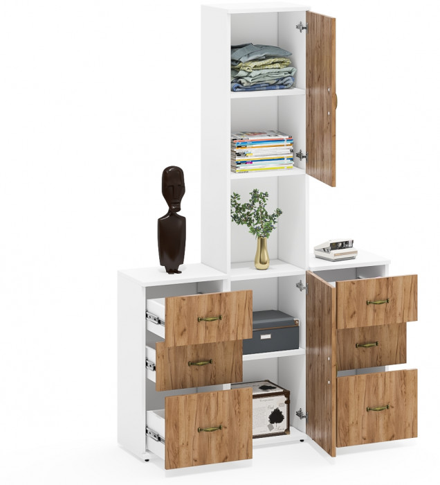 Лидер-8 Пенал + Тумба МД 3.16 + Тумба МД 3.16, цвет белый шагрень/крафт золото, ШхГхВ 120х50х190 см., универсальная сборка