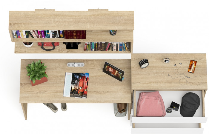 Мори письменный стол МСП1200.1 + Комод МК800.4 + Полка 1200, дуб сонома/белый