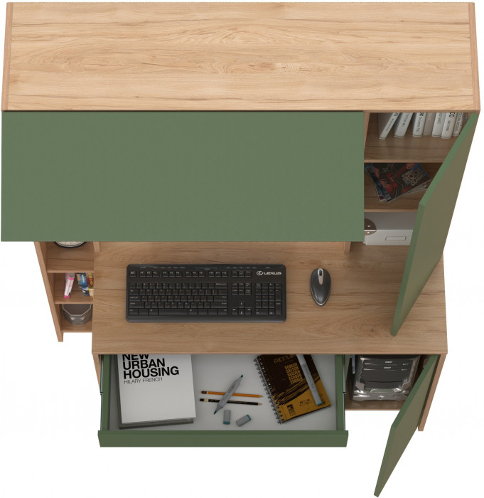 компьютерный стол Комфорт 12.71, гикори рокфорд натуральный/дымчатый зелёный