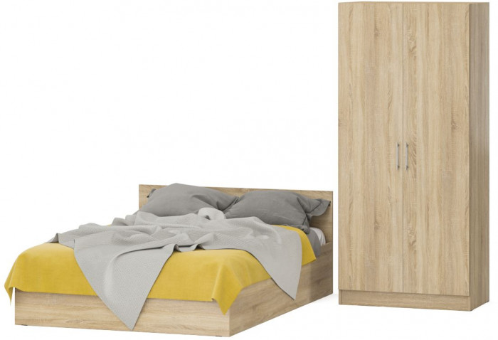 Кровать 1400 + Шкаф 2-х створчатый Стандарт, цвет дуб сонома, ШхГхВ 143,5х203,5х70 + 90х52х200 см., сп.м. 1400х2000 мм., без матраса, основание есть