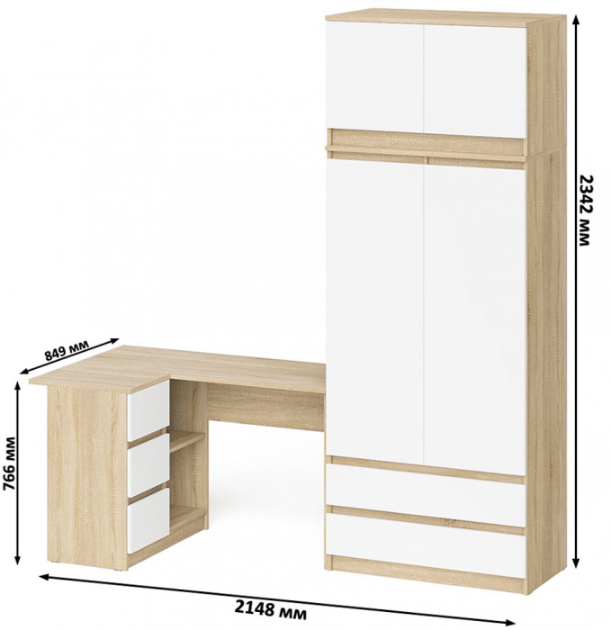 Мори компьютерный стол МС-16 левый + Шкаф МШ900.1 + Антресоль МА900.1, дуб сонома/белый