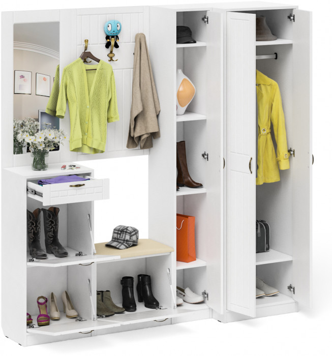 Прихожая П-6 Компоновка № 31, белая шагрень/фасады МДФ белое дерево фрезеровка прованс