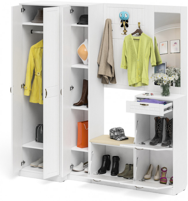 Прихожая П-6 Компоновка № 31, белая шагрень/фасады МДФ белое дерево фрезеровка прованс