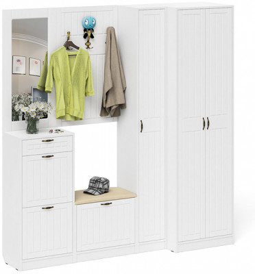 Прихожая П-6 Компоновка № 31, цвет белая шагрень/фасады МДФ белое дерево фрезеровка прованс, ШхГхВ 200х50х210 см., универсальная сборка