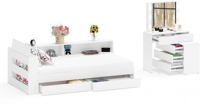 Ксения Кровать с ящиками 0900 + прикроватный блок + Столик с подсветкой 110, белый