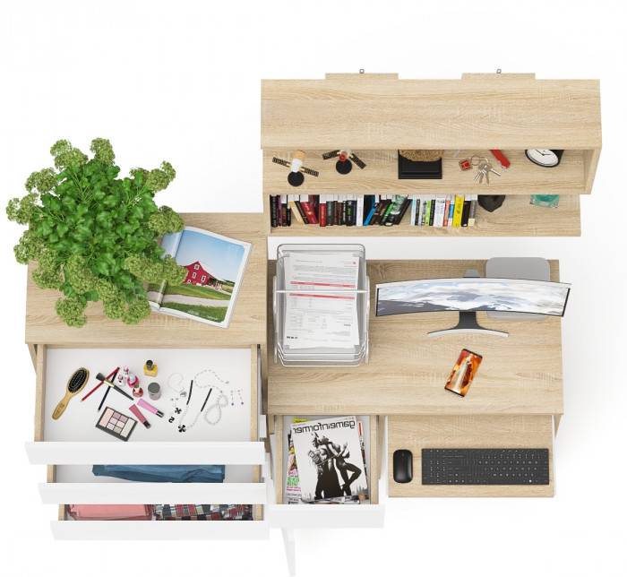 Мори компьютерный стол МС-1 левый + Комод МК700.5 + Полка 900, дуб сонома/белый